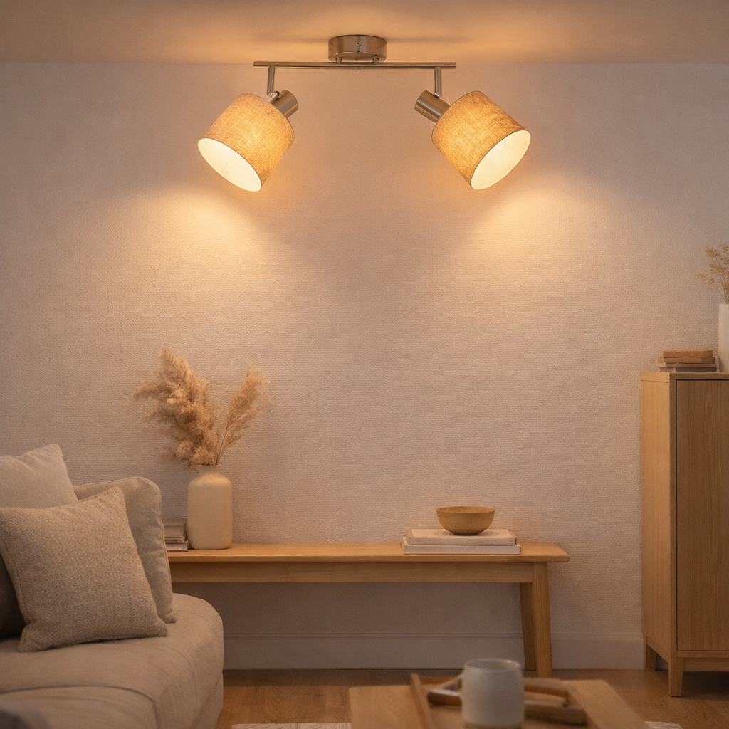Mur et plafond à 2 places Maron en métal-satin avec parapluies en tissu dans la nature, avec une douille E14, la lampe pour le salon, la salle à manger, le couloir et le bureau, 46 x 12 cm en situation