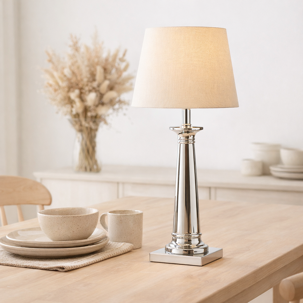 Pied Table Light Fulcrum, 35 cm de haut en métal de couleur chromée, E27 en situation