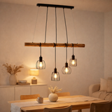 4 pendentif bois, lampe suspendue, métal et bois en noir et socket e27 naturel, pour salle à manger, salon, couloir ou bureau, 100 cm de long en situation