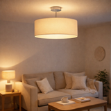 Plafond textile New York, lampe de plafond classique avec des lames de texte en blanc, socket E27, 40 cm de diamètre, adapté à l'ensemble du salon en situation