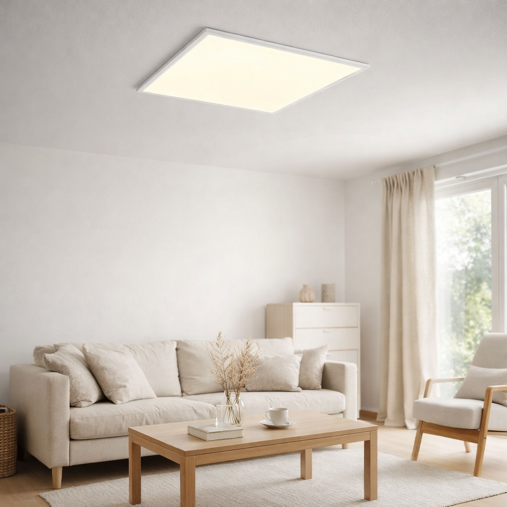 Panneau d'insert LED Thore 62x62x1cm, plafond en métal et en plastique en blanc, avec des LED fixes en situation