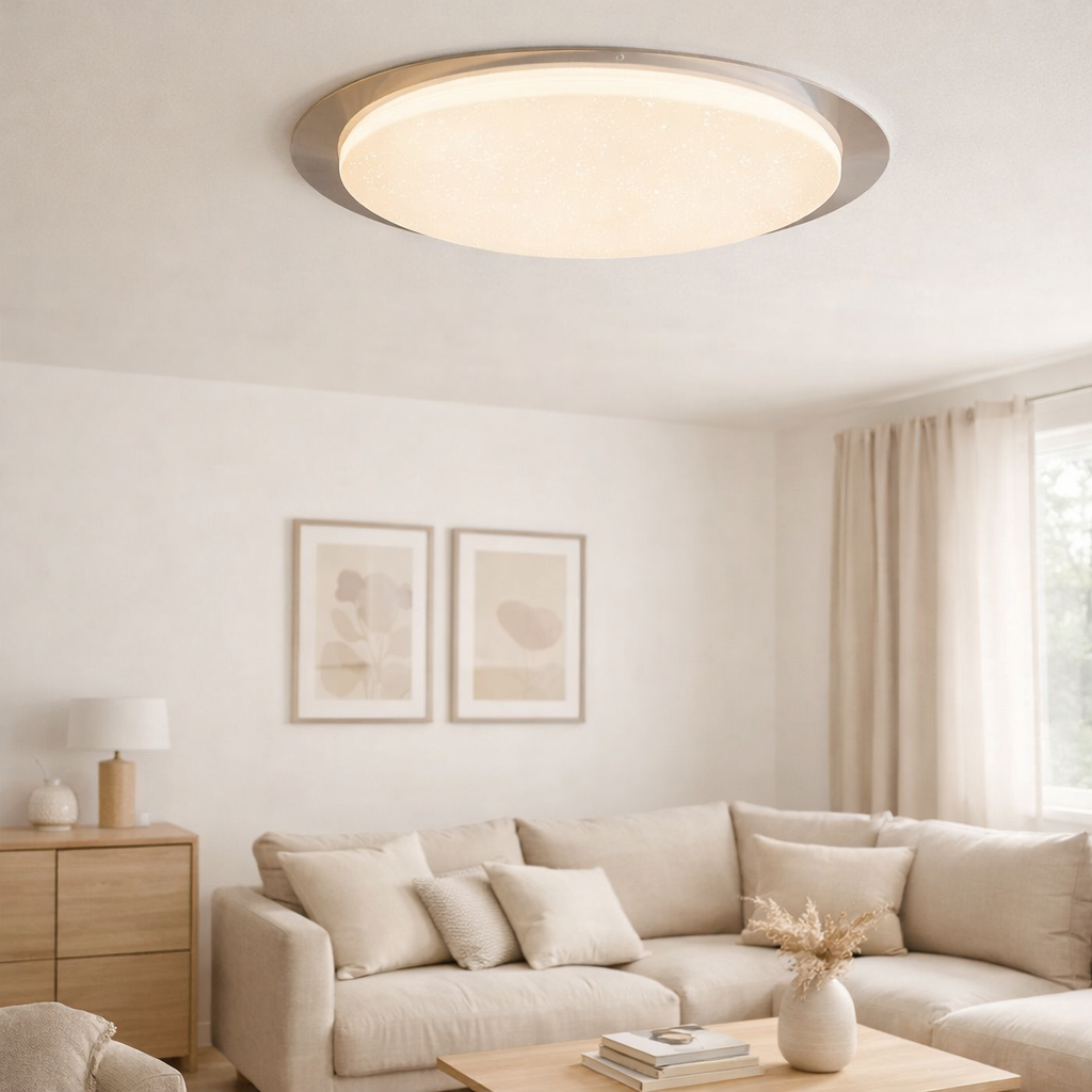 Plafond LED Locarno Ø 46 cm, en métal et acrylique avec effet cristallin en blanc, température légère réglable via l'interrupteur alterné en situation
