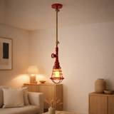 Pendent lampe Regia, métal rouge, corde de chanvre, version E27, éclairage pour le salon, salle de jeunesse ou bureau en situation