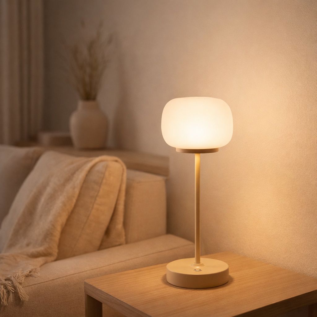 Batterie à LED / lampe de table Pina de 30 cm de haut, en métal (beige) et en verre (blanc), LED intégrés, blanc chaud en situation