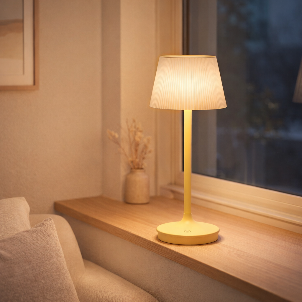 Lampe de batterie solaire Emmi 38 cm de haut, parapluie Ø 13 cm, métal en plastique jaune et blanc, pour la zone extérieure, cct. en situation