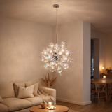 Explosion en verre en métal et en verre d'iris, cadres G9, lampe suspendue pour salle à manger, salon, hall ou bureau, Øca. 65 cm en situation