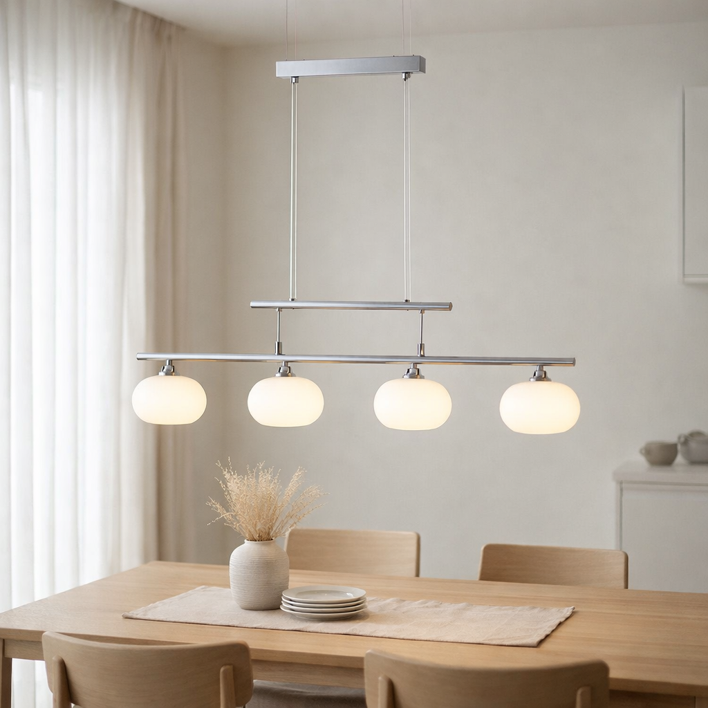 Pendante, 4flg. Kemi, 82 cm de large, en verre en métal et en verre. en situation