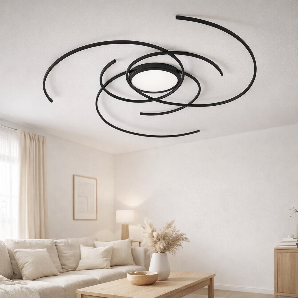 Plafond LED Radon en noir, en métal et en plastique, avec des LEDS fermement construites Ø 57 cm en situation