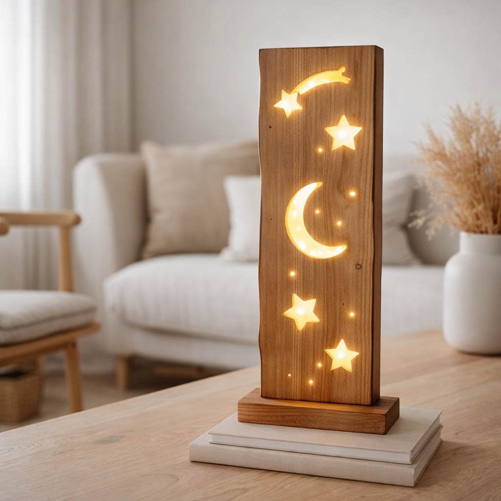 LED WOOD-DECOLUM Lune / étoiles de 60 cm de haut de Noël de haut en bois avec des LED fermement intégrées en situation