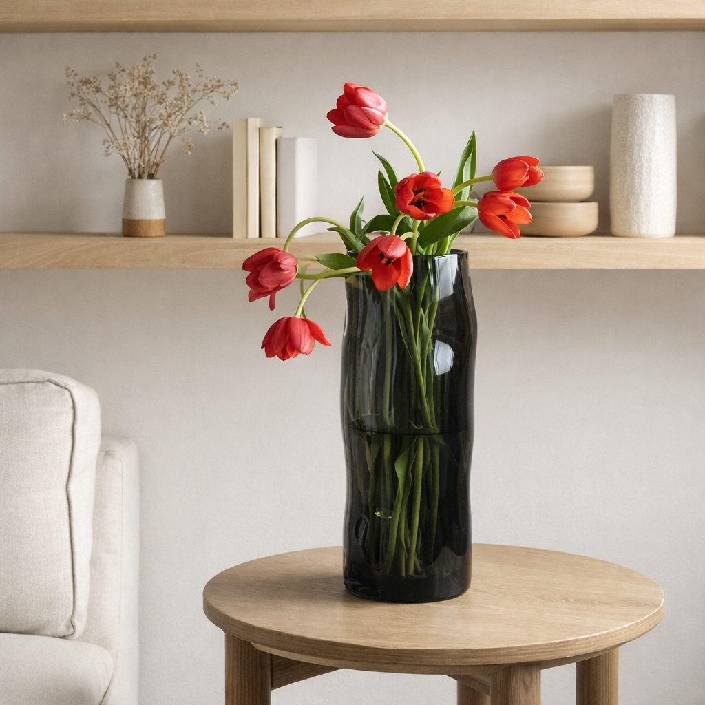 Grand vase cylindrique en verre de 9 mm d'épaisseur, de forme irrégulière, comme du bois noir. ABU40GR en situation