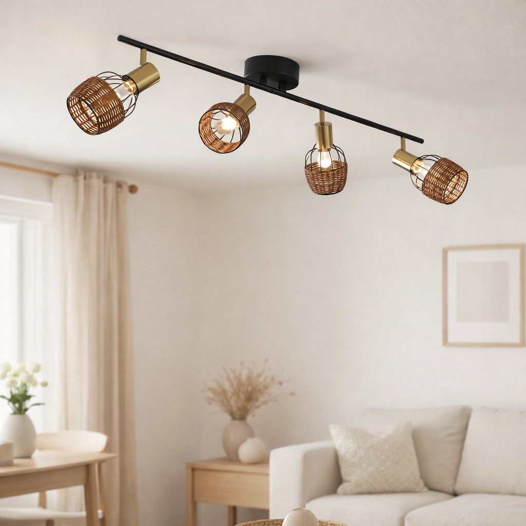 4 plafonds Corbis, spot métallique en noir et or, avec prise E14, pour salle à manger, salon, couloir ou bureau, plafond à l'intérieur, 78 cm de long en situation