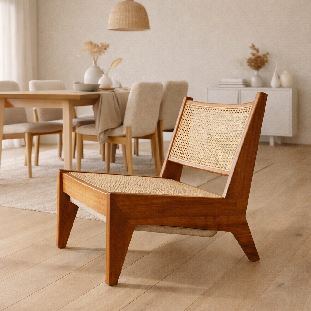 Chaise kangourou - Style Jeanneret - bois massif et rotin en situation