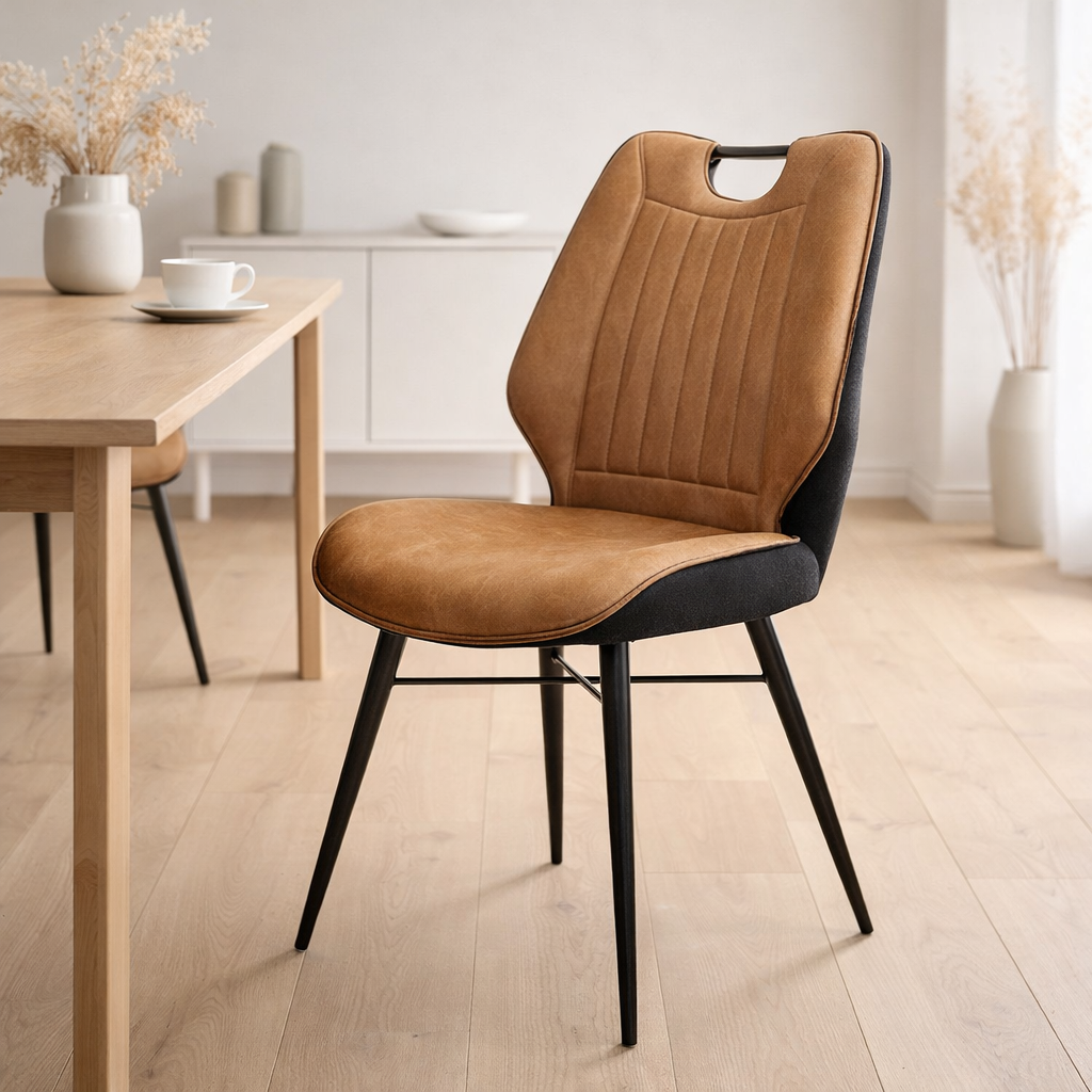 Chaise quattro tissu noir cognac doux en situation