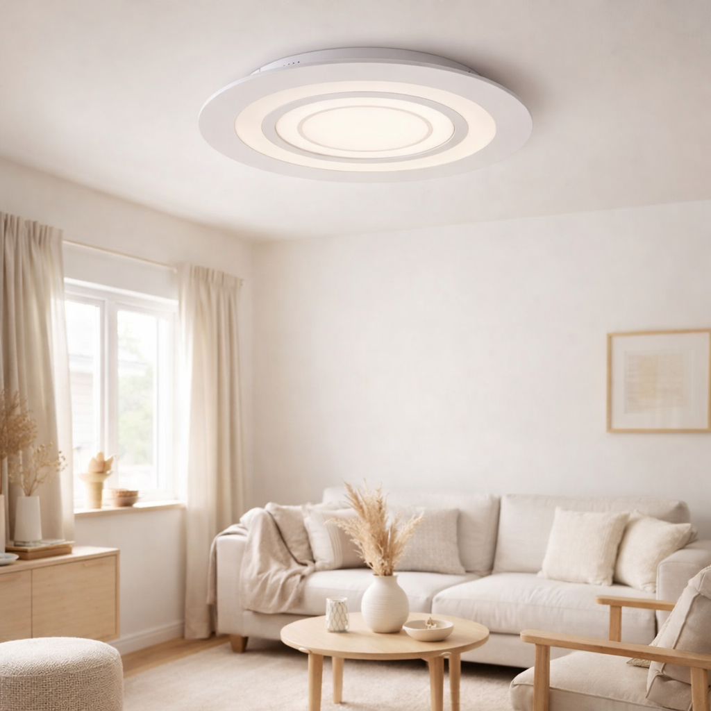 Plafond LED Mirel Ø 50 cm, 6 cm de haut, métal et plastique en blancs, LED intégrés, 2400 lm, dimmable, fonction CCT 3000-6500 K, changement de couleur RVB en situation