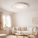 Plafond LED Mirel Ø 50 cm, 6 cm de haut, métal et plastique en blancs, LED intégrés, 2400 lm, dimmable, fonction CCT 3000-6500 K, changement de couleur RVB en situation