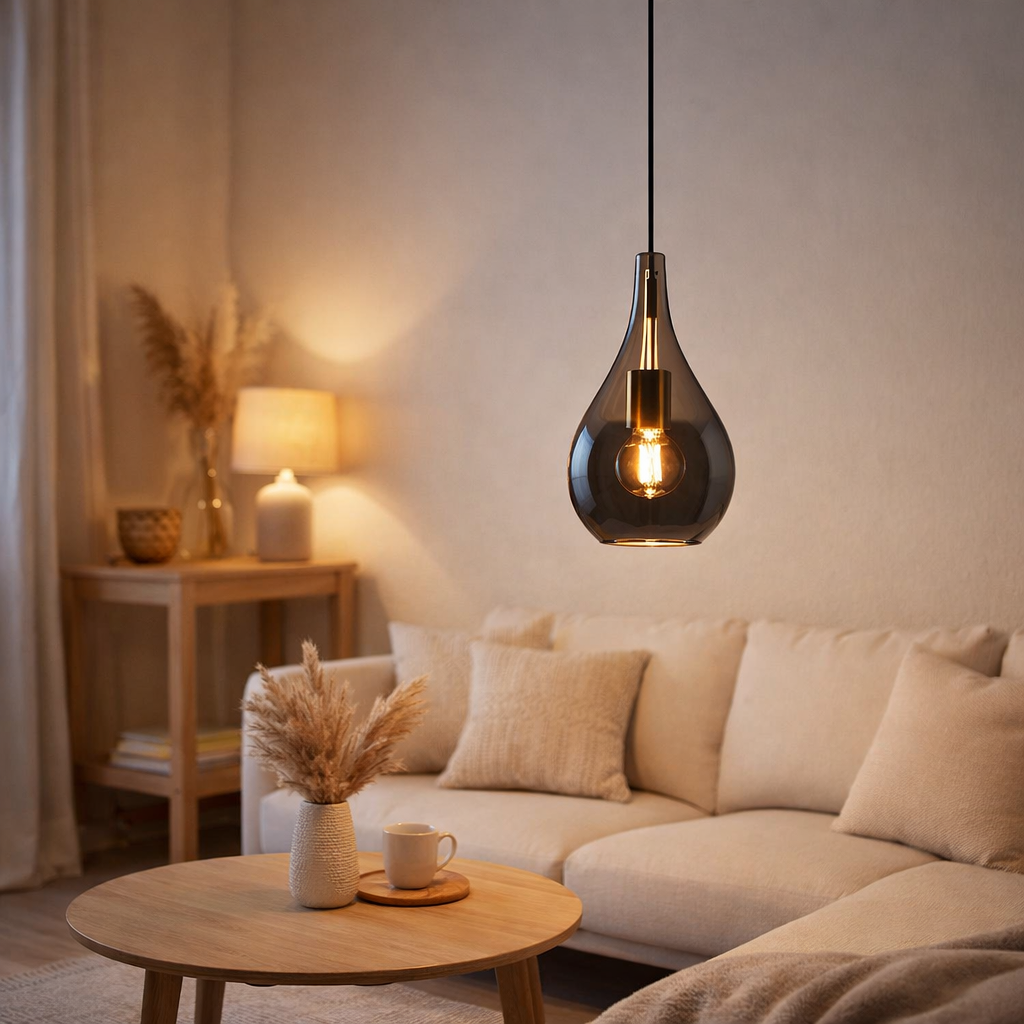 La lampe pendentielle Gota, un pendentif rétro classique en verre fumé noir Ø 20 cm, avec des versions E27, 150 hautes, idéales pour la salle à manger, le salon et la cuisine. en situation