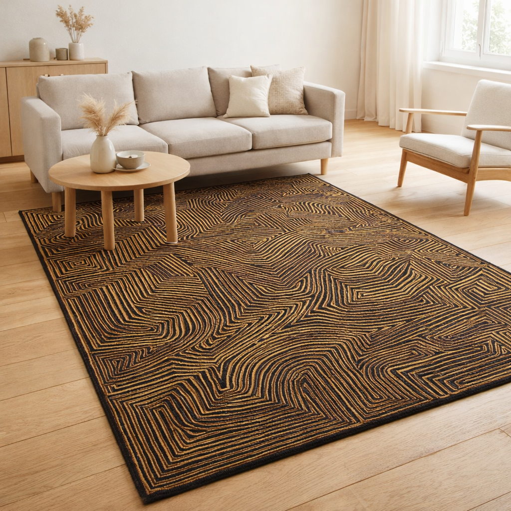 Eco Rug - Black Gold - Tapis marron, noir et or en situation