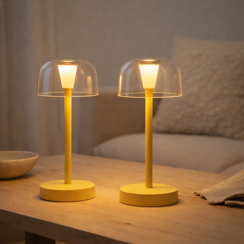Lampe de table de batterie LED à 2 ert Gomba pour l'extérieur et à l'intérieur, en métal et en plastique en jaune, 18,5 cm de haut en situation