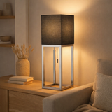 Lampe de table Alfa, lampe de table en métal moderne et textile en chrome / gris foncé avec prise E27, 65 cm de haut, lampe chic pour le couloir, salon et bureau en situation