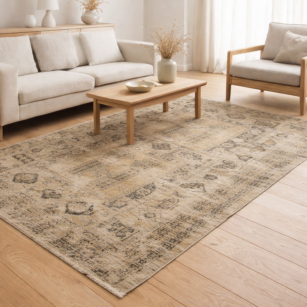 Tapis Eco - Agha Old Gold - Tapis beige et or en situation