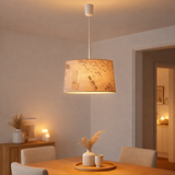 Pendentif textile imprimé, jeune vivant, lampe suspendue, textile en marron, socket e27, pour salle à manger, salon, couloir ou bureau, Ø40 cm en situation