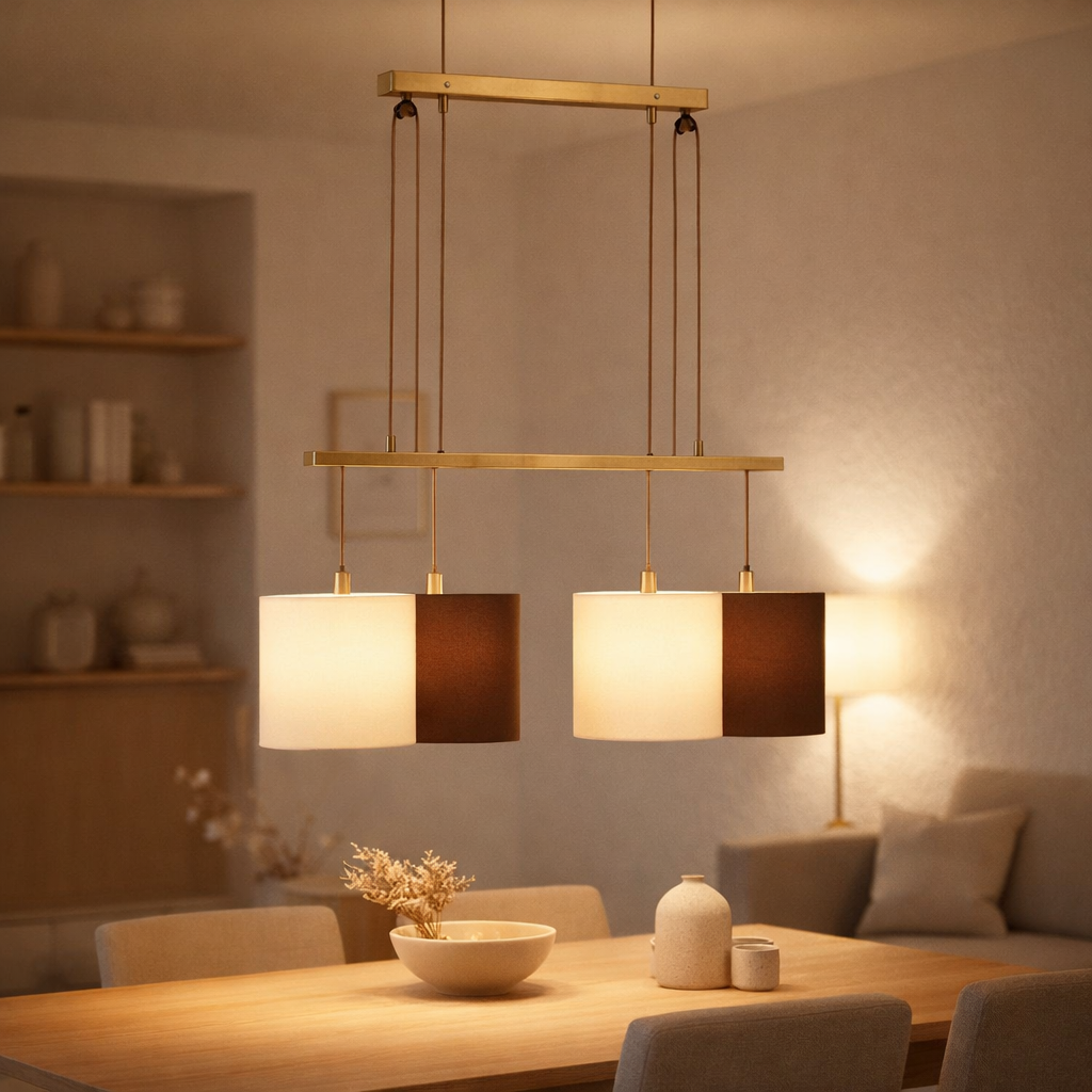 4 Pendant lampe Tilde, lampe à pendule en métal classique en marron et beige, avec des versions E27, une hauteur de lampe à pendentif réglable et 86 cm de long, idéal comme lumière de salle à manger en situation