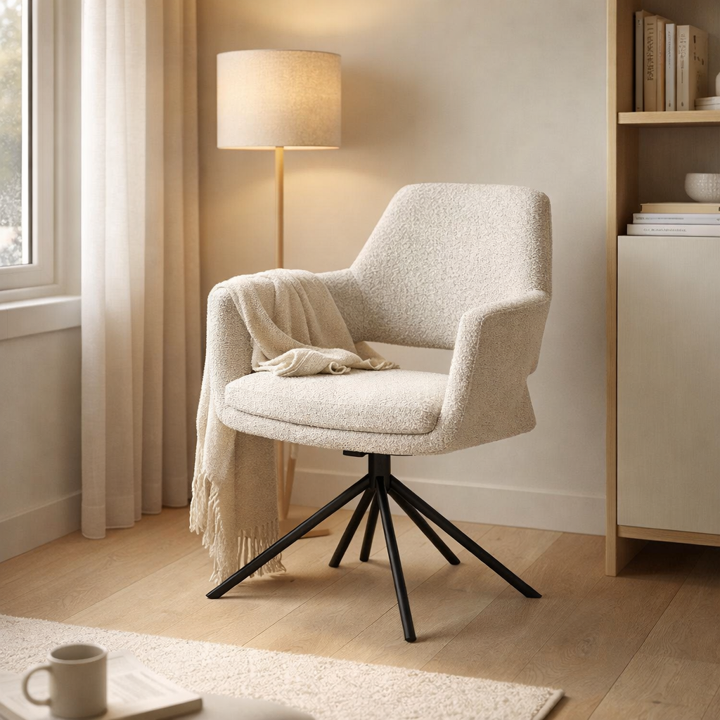 Champagne en peluche de tissu de fauteuil Katy, tourne le pied en situation