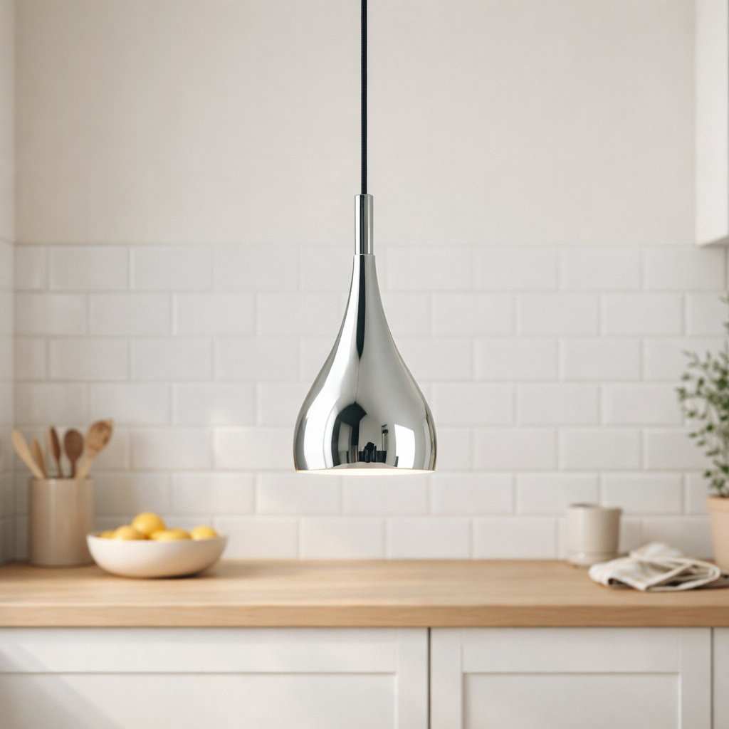 Le style, classique rétro, pendant en métal brillant avec chromé avec une douille E27, parapluie Ø15 cm, idéal pour la salle à manger, le salon et la cuisine. en situation