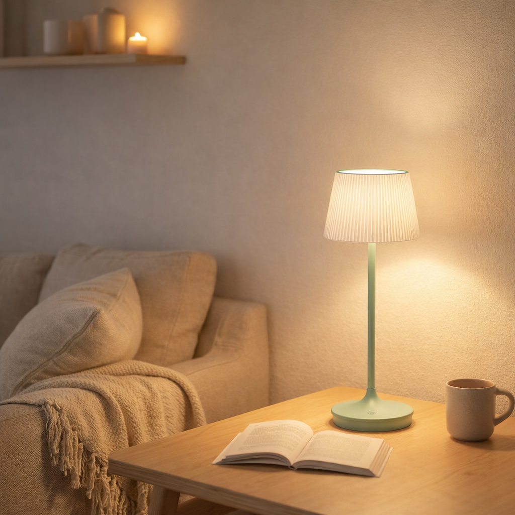 Lampe de batterie solaire Emmi 38 cm de haut, parapluie Ø 13 cm, métal dans la menthe et le plastique blanc, pour la zone extérieure, cct. en situation