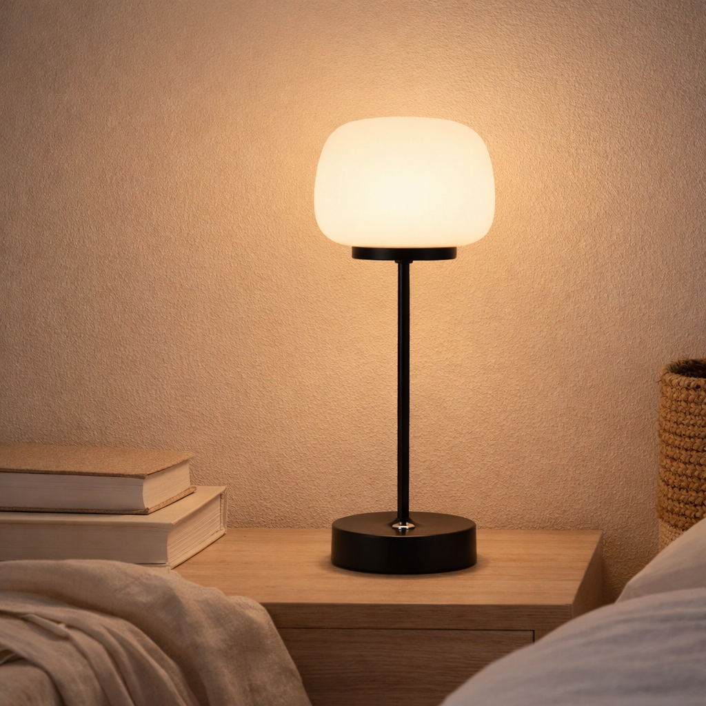 Batterie à LED / lampe de table Pina de 30 cm de haut, en métal (noir) et en verre (blanc), LED intégrés, blanc chaud en situation