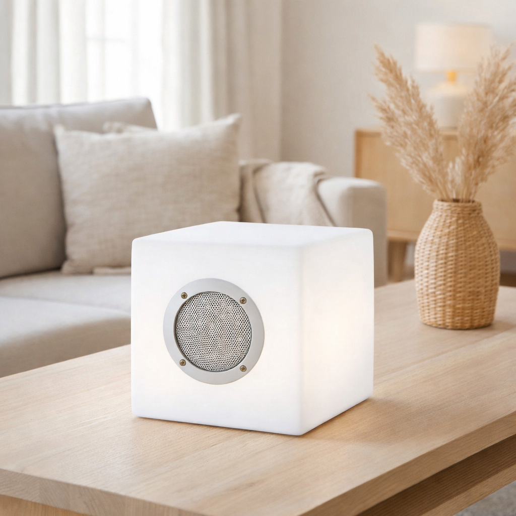 Cubes décoratifs avec cube Bluetooth en métal et en plastique, avec des changeurs de couleur et des LED intégrées en situation