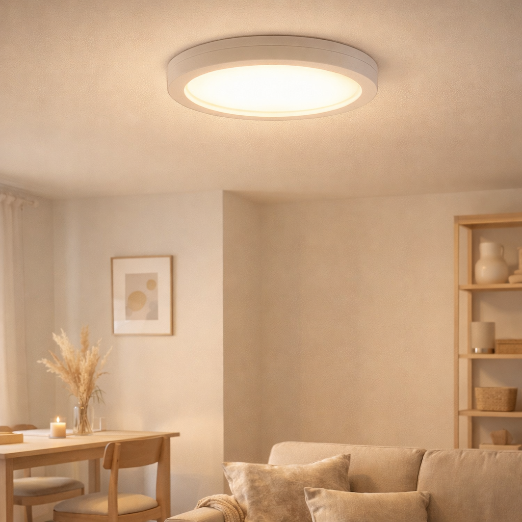 LED PLADIER LAX BONUS Ø21,7 cm, installation et structure de lumière fonctionnelle possibles, lampe à plafond en métal et en plastique en blanc, avec des LED fermement intégrées, y compris le changeur de couleur CCT en situation