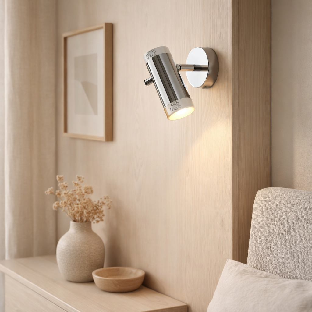 Le plafond LED Garda de 15,5 cm de long, avec des LED intégrées, en métal et acrylique colorants chromés en situation