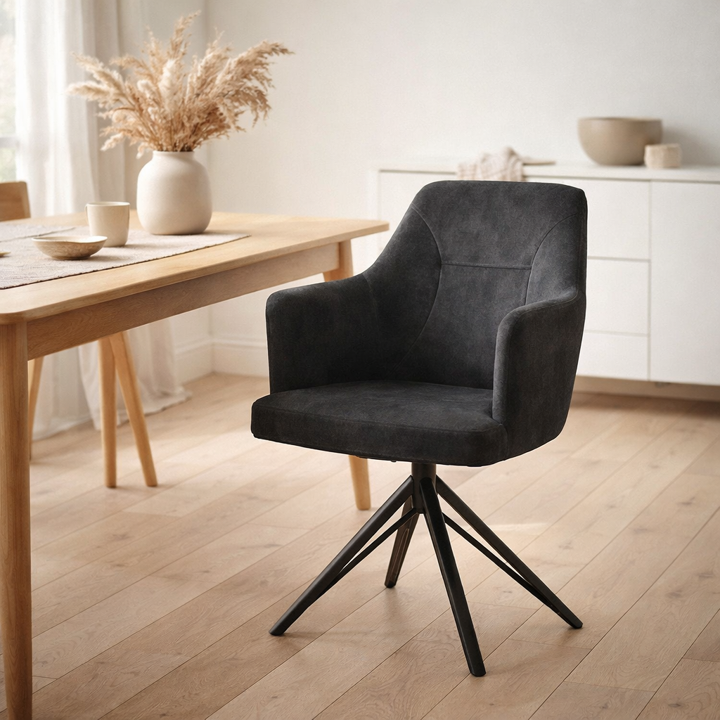 Chaise de bras Calvin tournant au tissu noir Aurora anthracite en situation