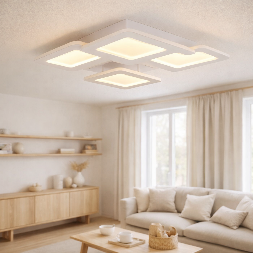 Plafond LED Simen 48 x 48 cm, métal et plastique, blanc, LED intégré, blanc chaud en situation