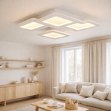 Plafond LED Simen 48 x 48 cm, métal et plastique, blanc, LED intégré, blanc chaud en situation