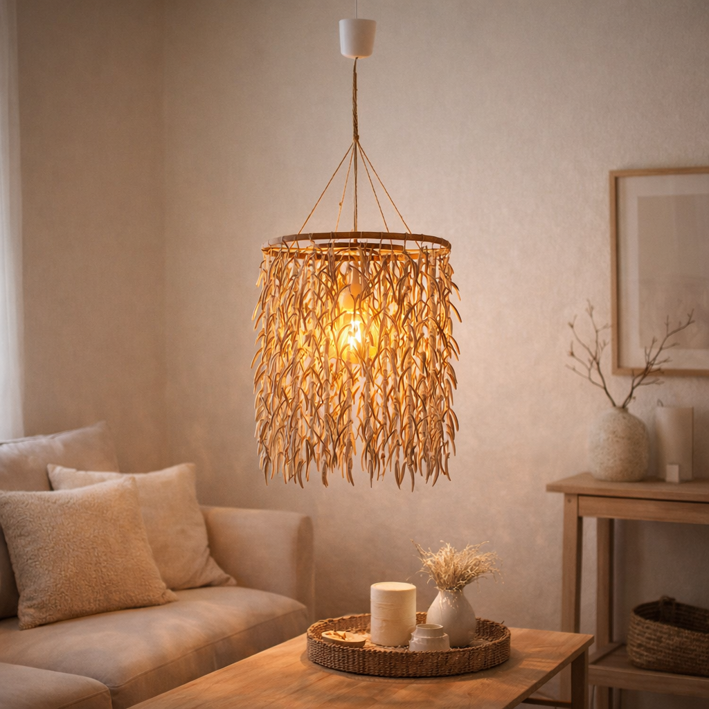 La lampe pendentielle noix de coco Ø 40 cm, en bois et coquilles de noix de coco, beige / brun, socket e27, éclairage pour salon, salle à manger ou jardin d'hiver. en situation