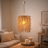 La lampe pendentielle noix de coco Ø 40 cm, en bois et coquilles de noix de coco, beige / brun, socket e27, éclairage pour salon, salle à manger ou jardin d'hiver. en situation