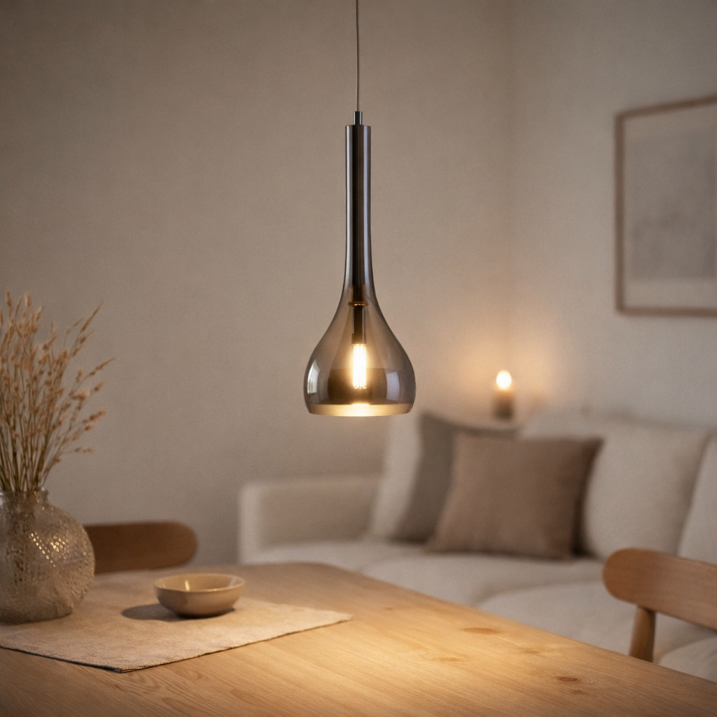 Le pendentif vaso, lampe à indice en métal et en verre fumant en anthracite, socket E27, pour salle à manger, salon, salle ou bureau, avec un Øvon 16 cm en situation