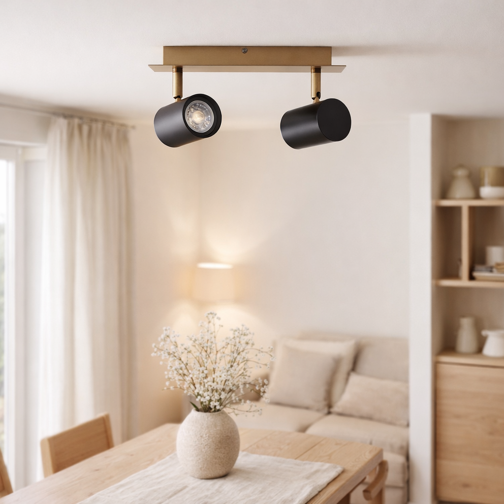 Mur et plafond à 2 places Frida en métal noir / or, projecteurs de plafond, Gu10, plafond pour salle à manger, salon, couloir ou bureau, 24 cm de long en situation