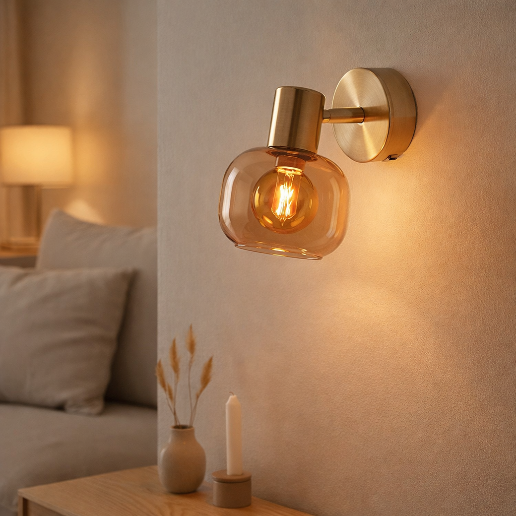 Place mural en verre Libby, lampe murale classique en métal de couleur en laiton et verre teinté en ambre, avec douille E14, pour salle à manger, salon, couloir ou bureau, 16 cm en situation