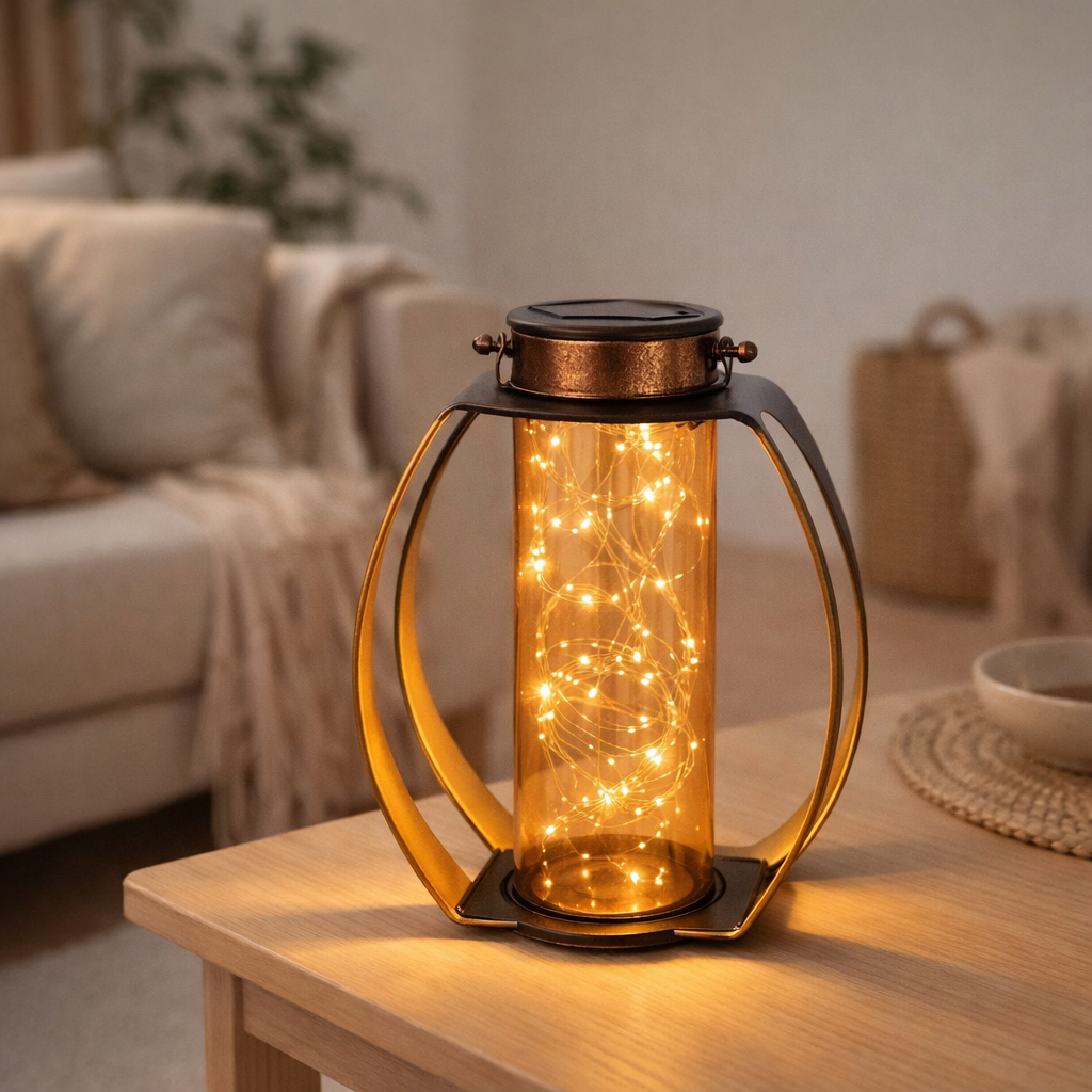 Lumière solaire LED Fairylight pour la terrasse et le balcon, lampe à table à LED en métal en noir et or et acrylique, fermement construit - LEDS, lumière solaire de décoration 26 x 19,5 x12,5 cm en situation