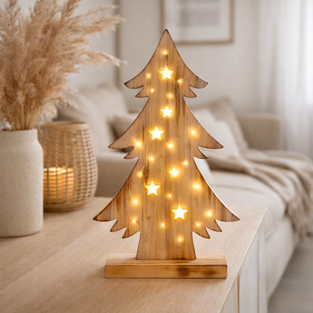 Decole en bois à LED sapin petit, en bois naturel avec LED fixes, décoration de Noël pour l'extérieur en situation