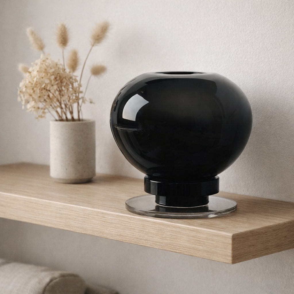 Vase boule design innovant, verre noir, RUD00_Luxury Edition en situation