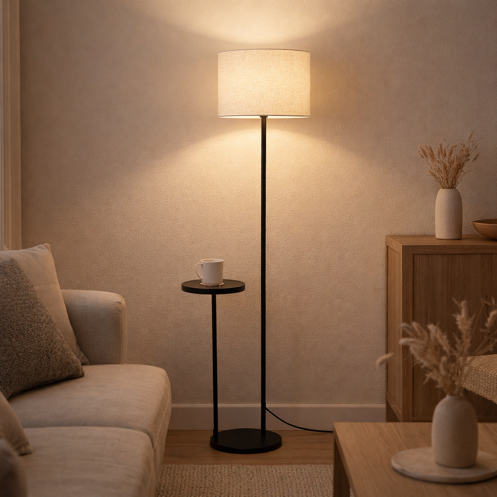 Lampe debout avec table Tordis intégrée en métal noir et matériau textile blanc naturel, 157 cm de haut, E27 en situation