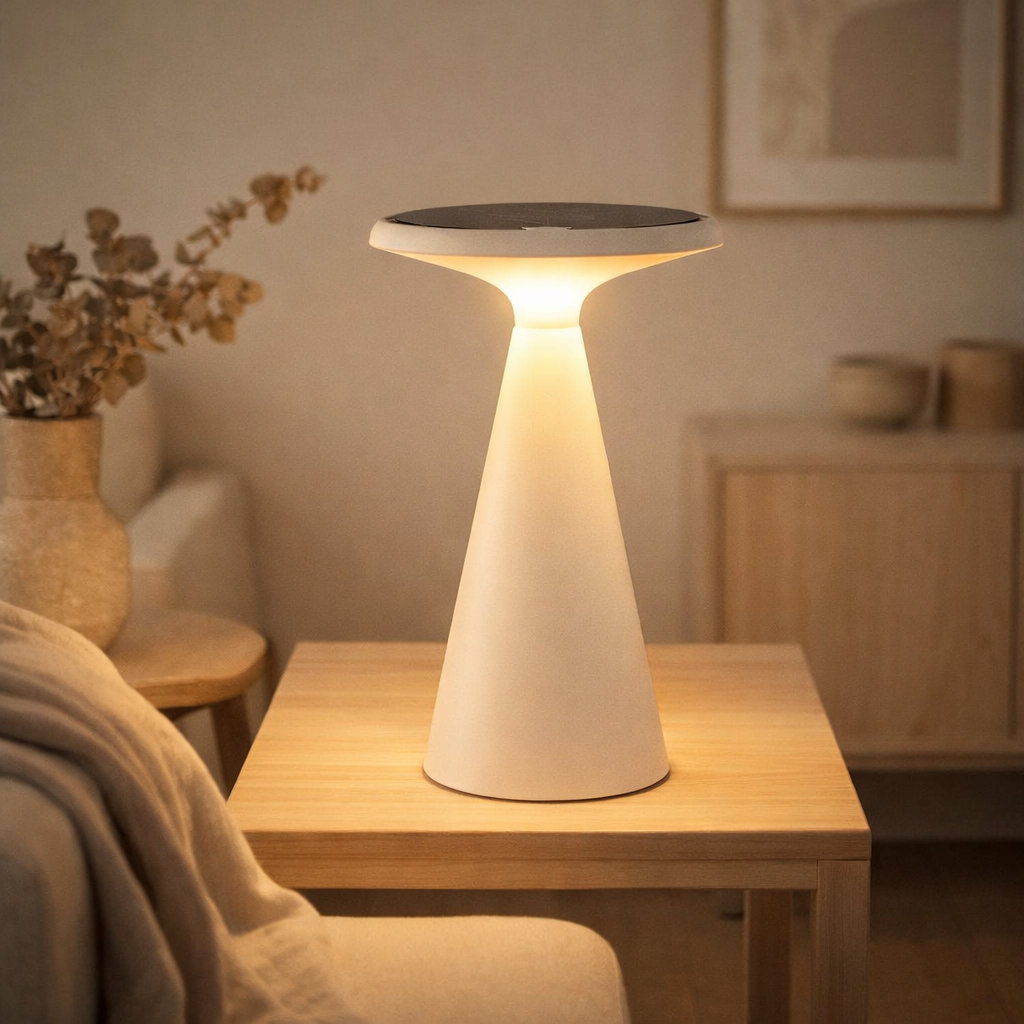 Lampe de Table Solaire Palu Blanche 20 cm, en situation