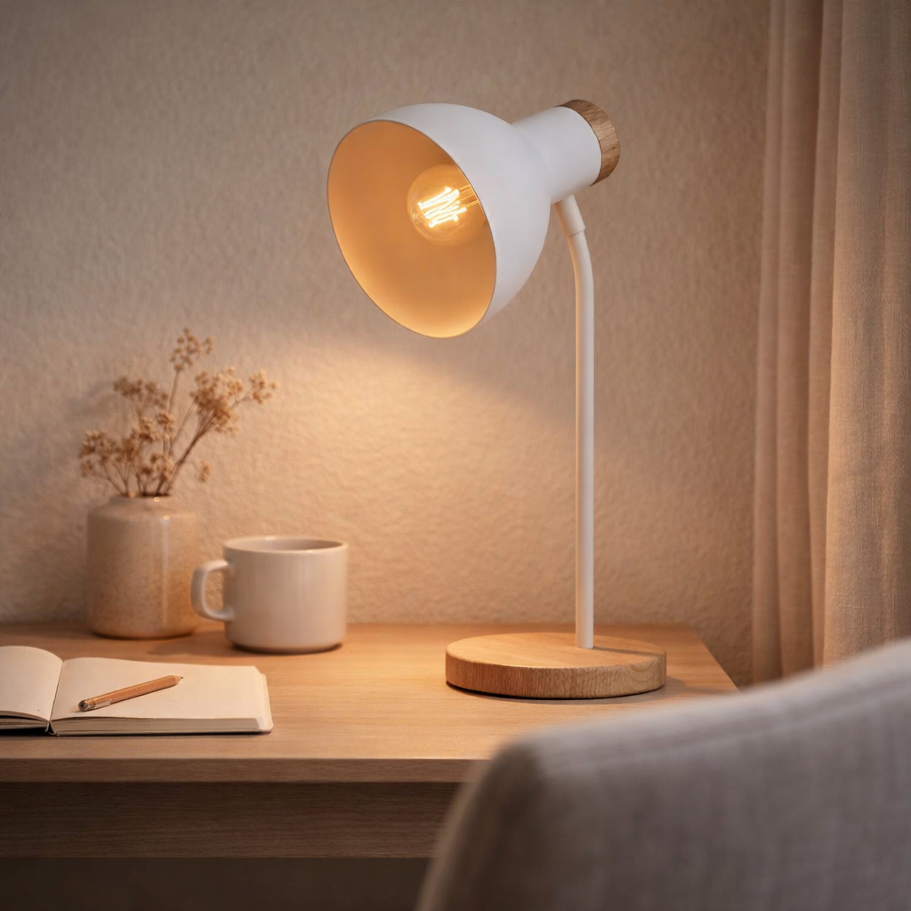 Lampe de bureau Marie en métal et en bois, E14, blanc, 36,5 cm de haut en situation