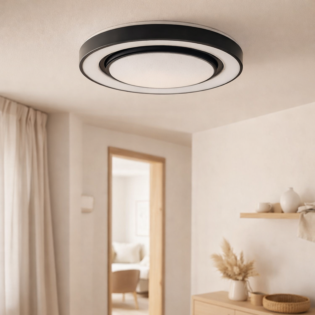 Plafond LED Monterey Ø 37,5 cm, de nombreuses fonctions, en métal et en plastique en noir, avec des LED intégrées, un éclairage pour les salons, le couloir ou le bureau en situation