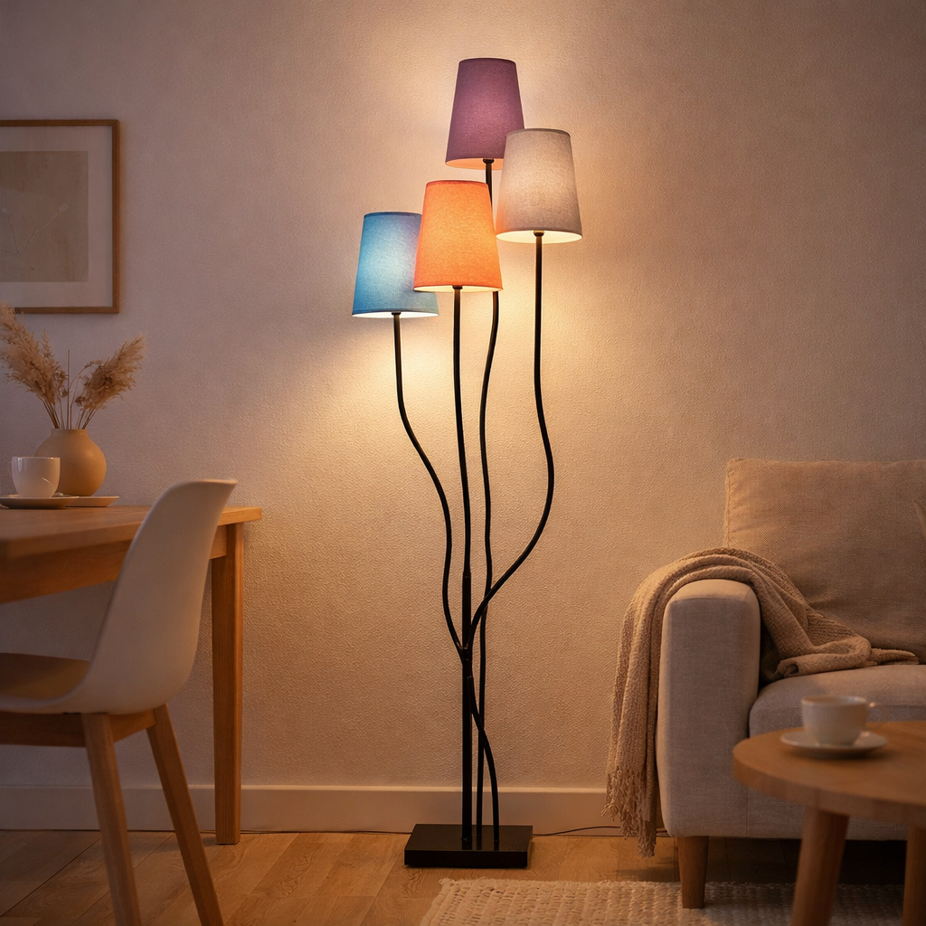 Lampe debout textile 4-flamme boho coloré, lampadaire avec parapluies colorés, avec une douille E14, pour salle à manger, salon, couloir ou bureau, 140 cm de haut en situation