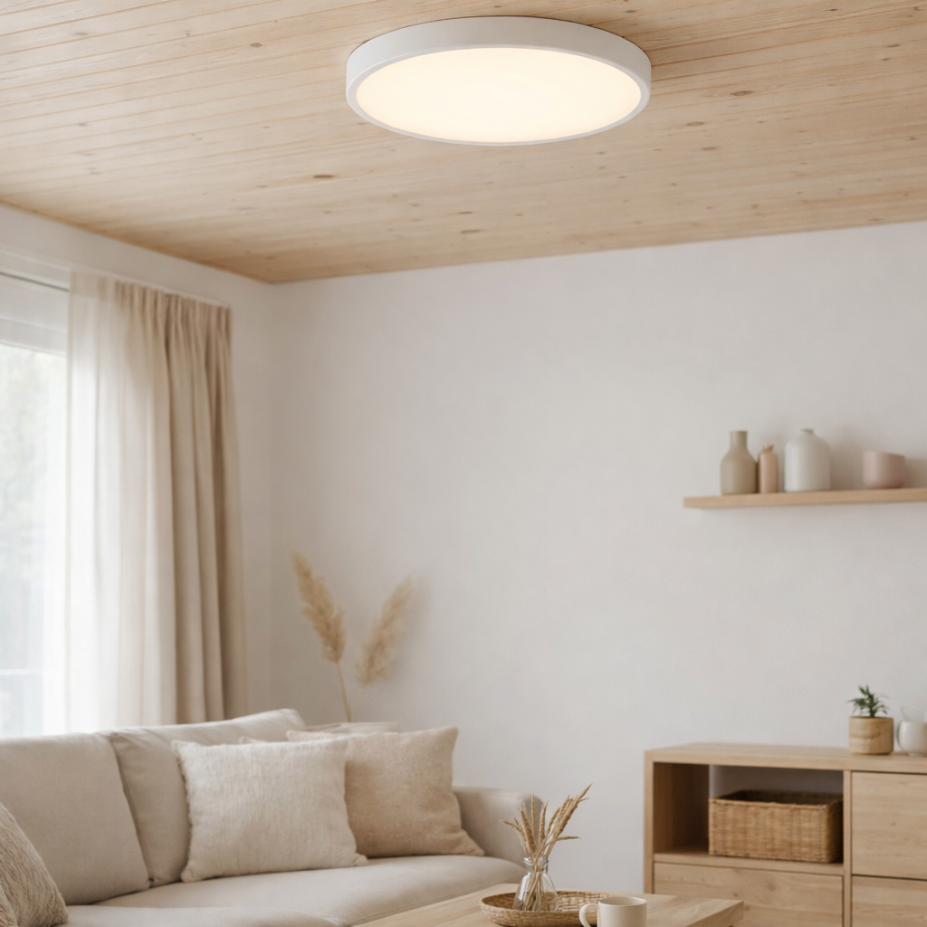 Plafond LED en métal blanc et en plastique colorant par opale, avec des LED-in Fermement construites Ø Env. 25 cm. en situation